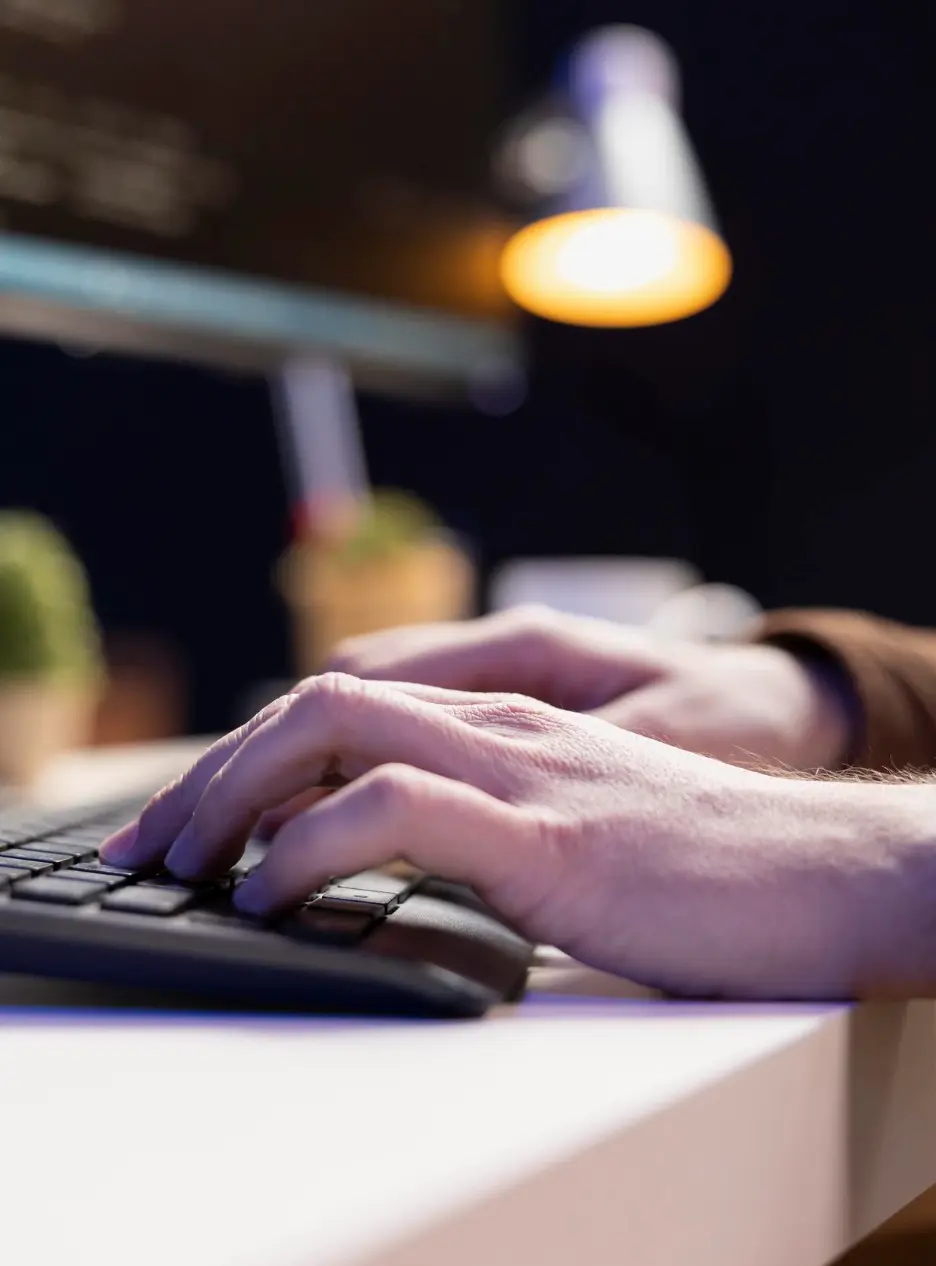 Hands typing on keyboard under warm desk lamp